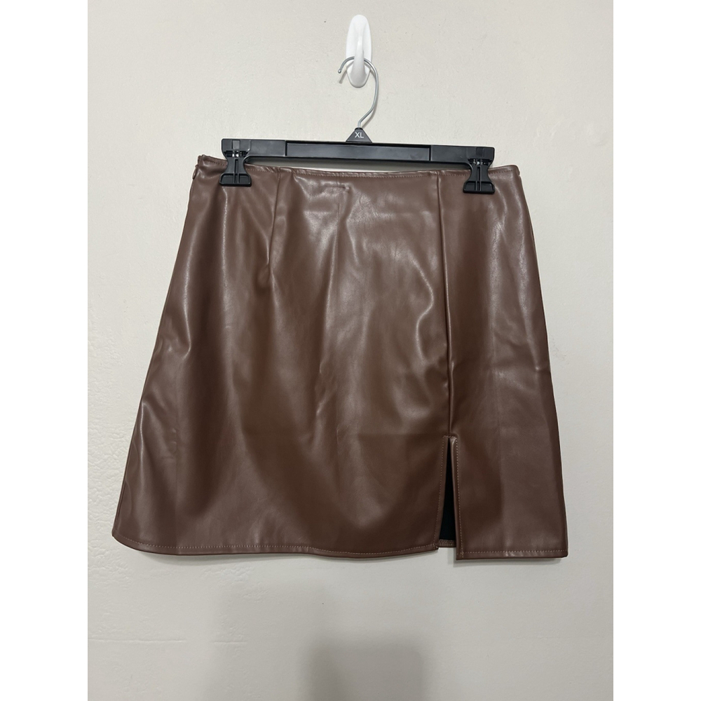 Skirt Womens Faux Leather Chocolate Brown Short Mini Front Slit Night Out Party